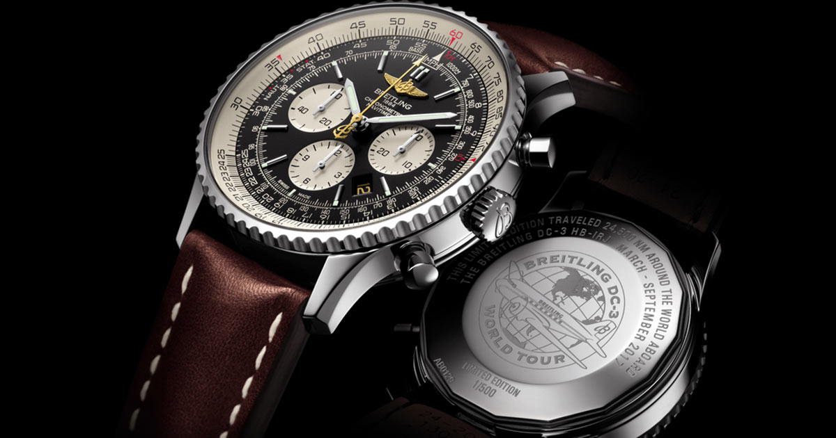 Die auf 500 Exemplare limitierte Sonderausgabe des Aviatik-Chronographen Navitimer mit dem Manufakturkaliber Breitling 01war bei der Breitling World Tour mit an Bord der Breitling DC-3. Zu jeder Uhr gibt es ein vom Flugkapitän signiertes Zertifikat.