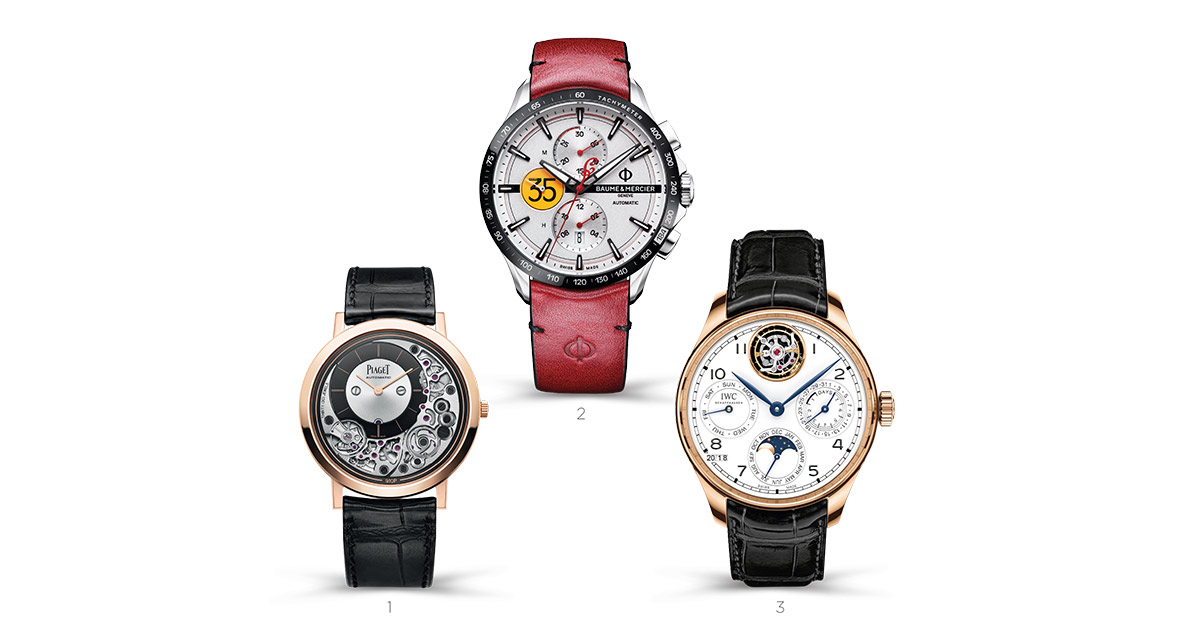 1) Piaget Altiplano Ultimate Automatic | 2) Baume & Mercier Burt Munro Tribute Limited Edition | 3) IWC Schaffhausen Portugieser Perpetual Calendar Tourbillon Edition 150 Years.