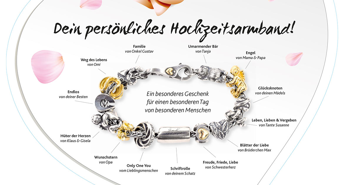 Das Hochzeitsarmband von Trollbeads ist ein individuelles Geschenk worüber sich die Braut freut: Jede schöne Erinnerung bekommt einen besonderen Bead, und der Trauring-Spezialist generiert Zusatzumsätze. Der Schaufensteraufkleber in Herzform erklärt das Prinzip.