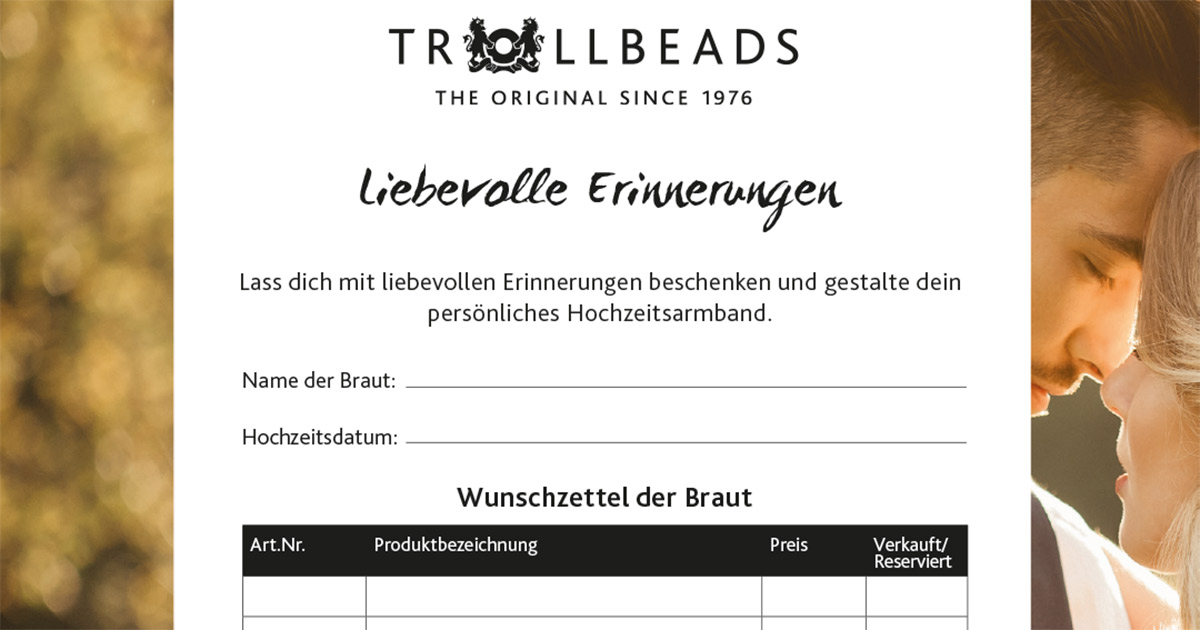 Auf diesem Wunschzettel werden der Name der Braut, das Hochzeitsdatum und die gewünschten Beads eingetragen.