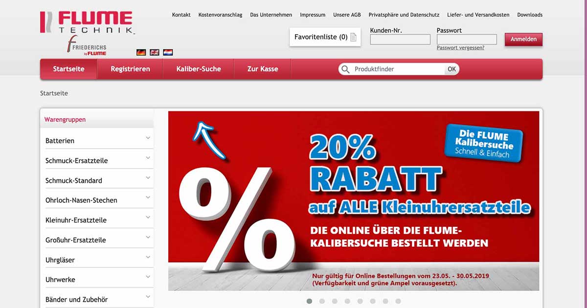 Technikgroßhändler Flume gibt 20 % Rabatt auf Kleinuhrersatzteile bis 30. Mai 2019.