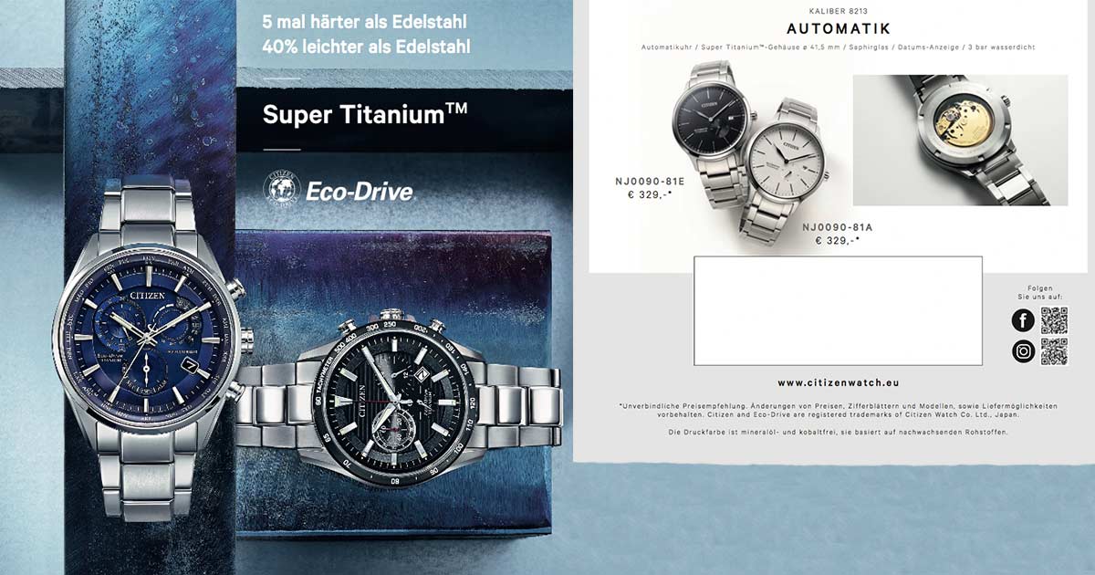 Von Konsumenten geliebt: Titan ist ein so wichtiges Kriterium, dass Citizen einen eigenen Flyer herausbringt. Darin werden 38 Super-Titanium-Modelle aus unterschiedlichen Kollektionslinien vorgestellt.