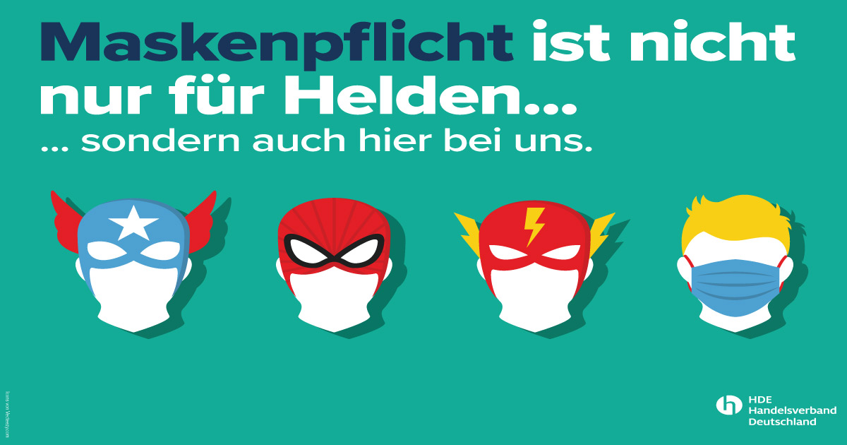 Alle Länderregelungen zur Maskenpflicht hat der HDE zusammengetragen und auch Hinweisschilder zum Selbstausdruck vorgestellt.