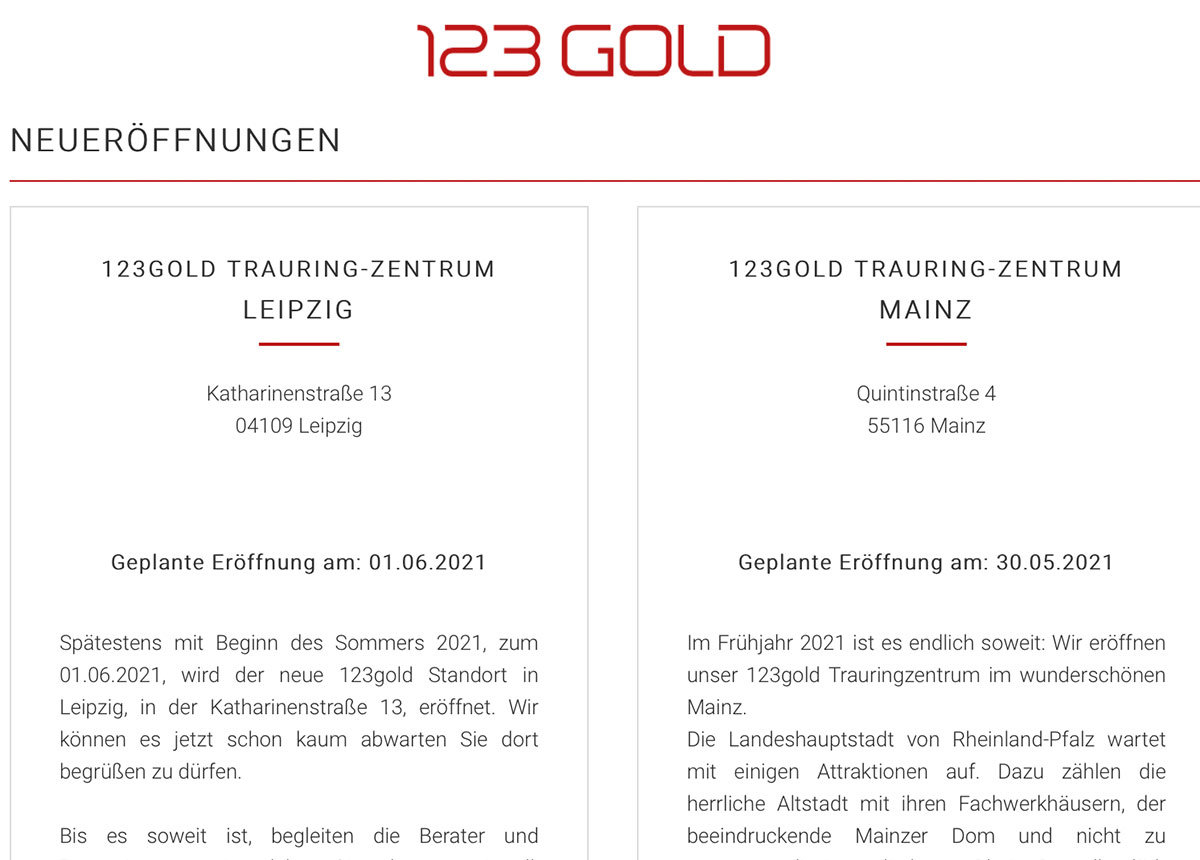 Zwei Neuigkeiten bei 123gold: In Leipzig kommt es zu einem Wechsel, in Mainz zu einer Neueröffnung.