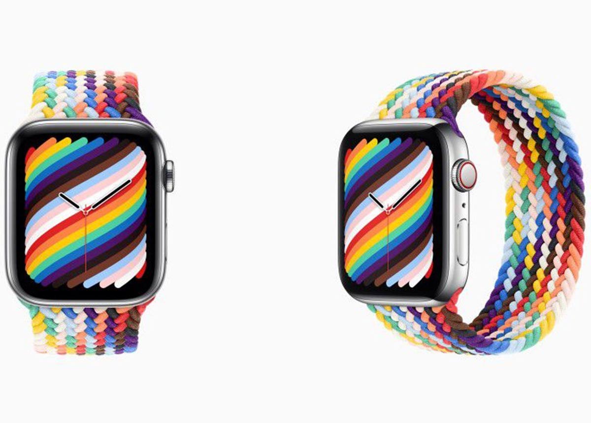 Die Apple Watch mit Pride 2021 Zifferblatt und neuem Uhrenband. (Fotos: Apple)