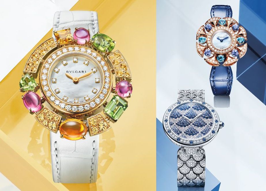 Dem Motto „Time is a Jewel“ folgend glänzen Allegra, Divas Dream Mocaic und Divas Dream mit kostbaren Edelsteinen. © Bulgari