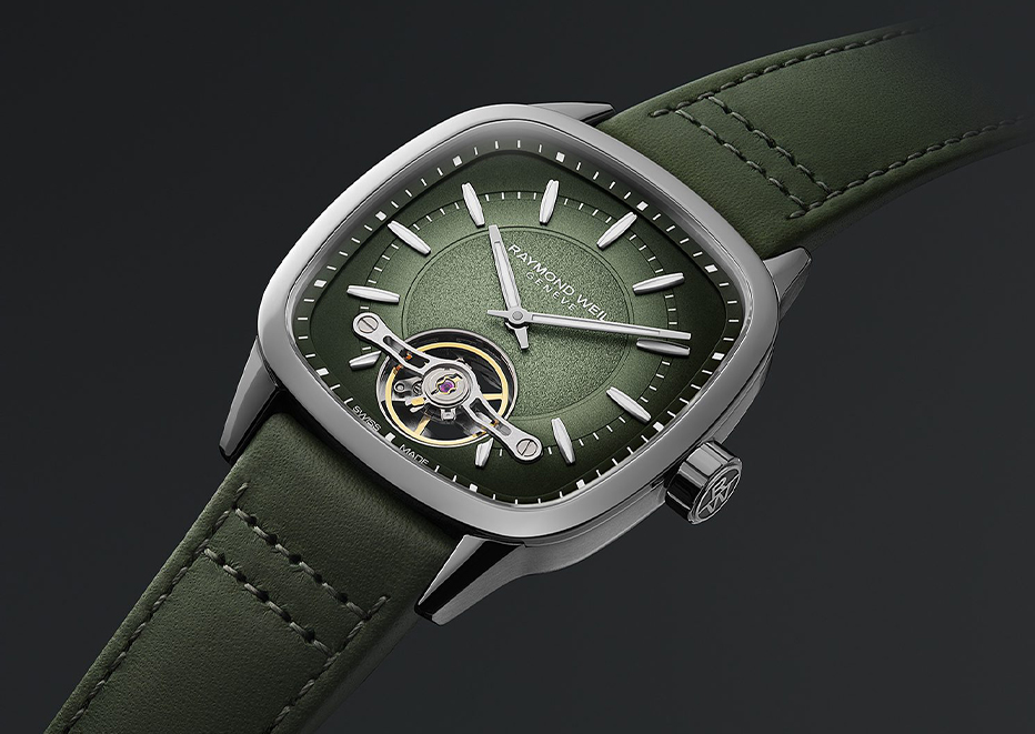 Raymond_Weil_Freelancer_Autmatik_Formuhr_offene_Unruh_grün_Leder